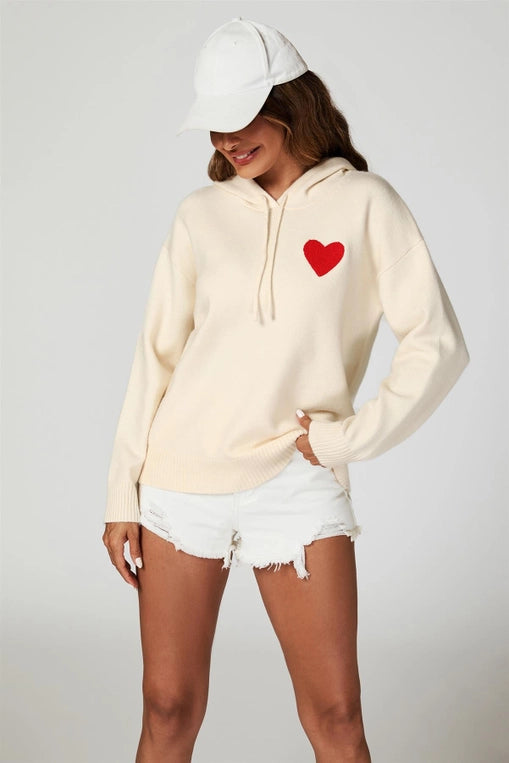 FS Collection Heart Embroidered Cream Hoodie