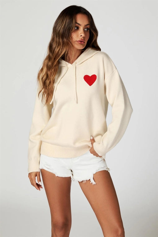 FS Collection Heart Embroidered Cream Hoodie