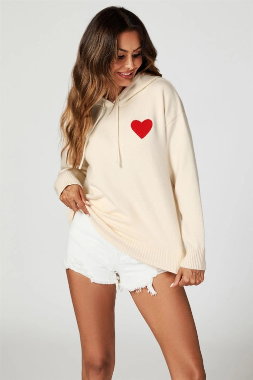 FS Collection Heart Embroidered Cream Hoodie
