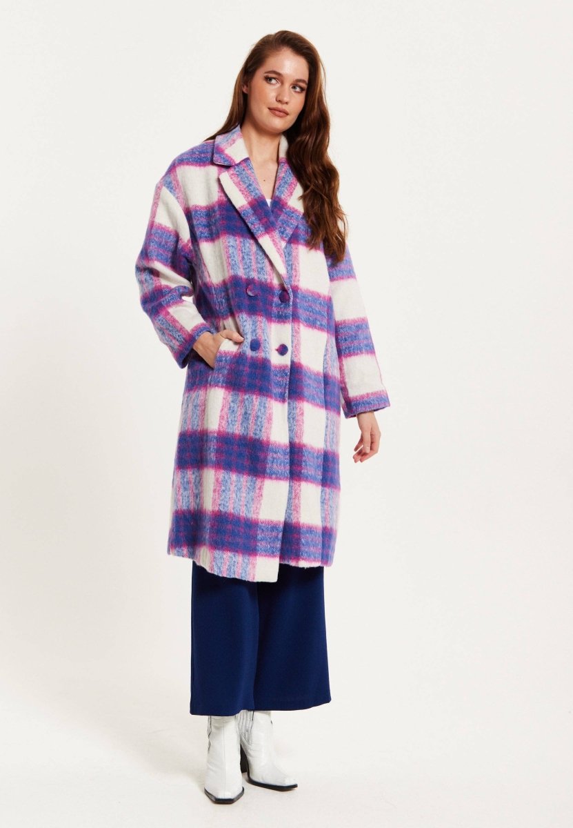 Liquorish Longline Coat In Pink And Navy Checks - Daisy Mae Boutique