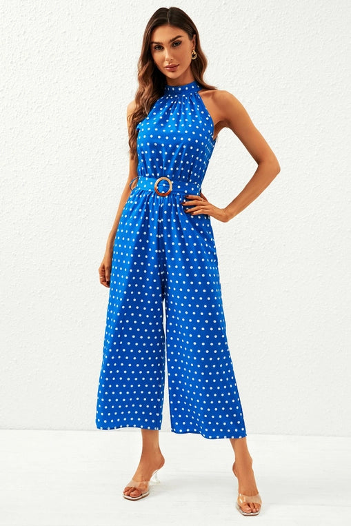 FS Collection Blue Polka Dot Halter Neck Jumpsuit