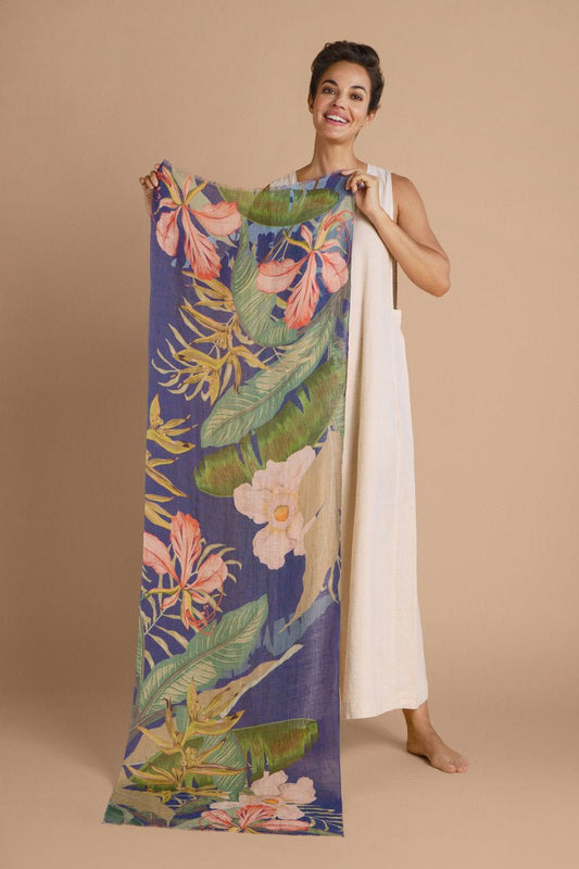 Powder 100% Linen Delicate Tropics Print Scarf Indigo - Daisy Mae Boutique