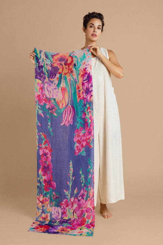 Powder 100% Linen Impressionist Garden Print Scarf Indigo - Daisy Mae Boutique