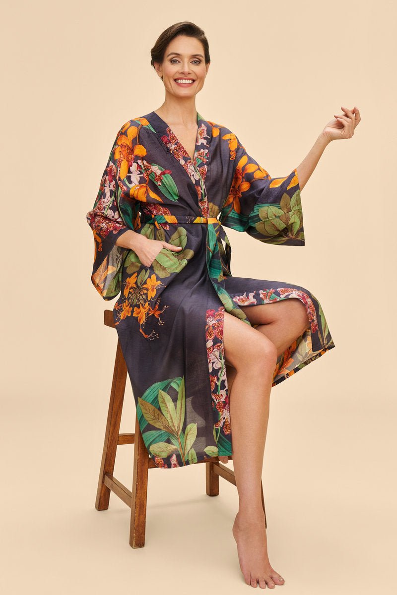 Powder Botany Bliss In Charcoal Kimono Gown - Daisy Mae Boutique