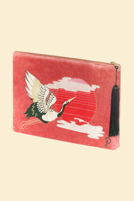 Powder Crane At Sunrise Velvet Zip Pouch - Daisy Mae Boutique