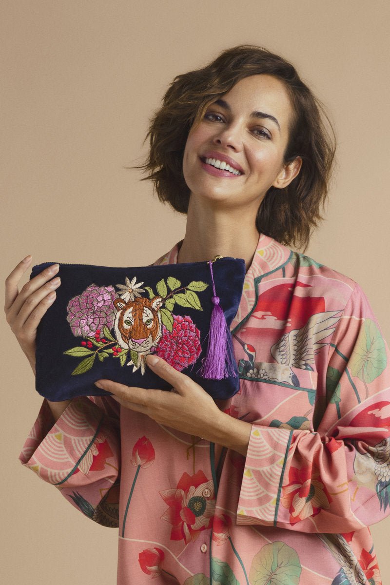 Powder Floral Tiger Face Zip Pouch - Daisy Mae Boutique