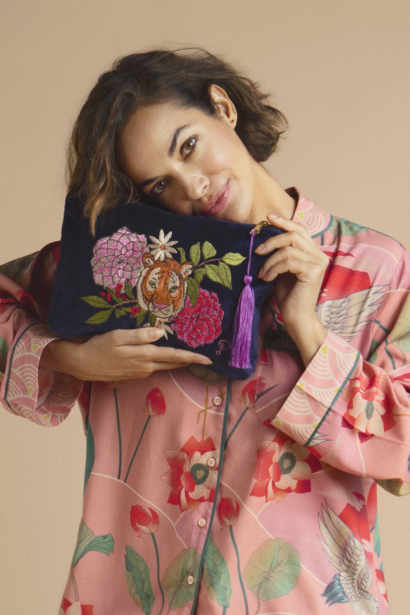 Powder Floral Tiger Face Zip Pouch - Daisy Mae Boutique