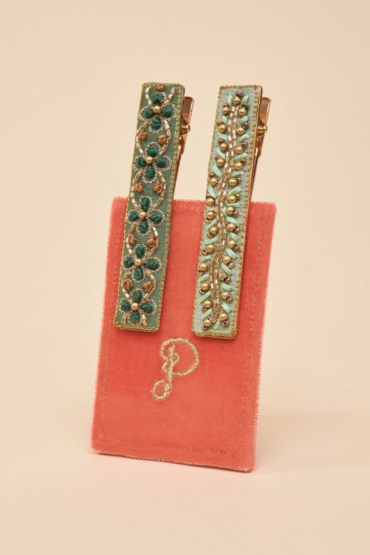 Powder Narrow Jewelled Hair Bar (Set of 2) Green Vines - Daisy Mae Boutique