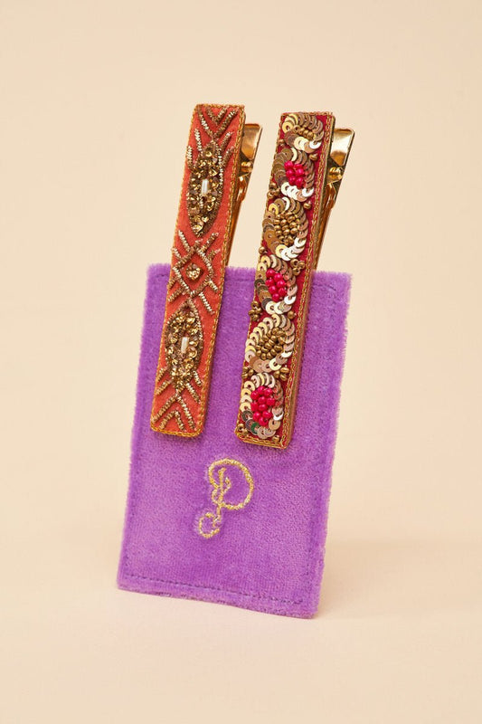 Powder Narrow Jewelled Hair Bar (Set of 2) Rose Deco - Daisy Mae Boutique