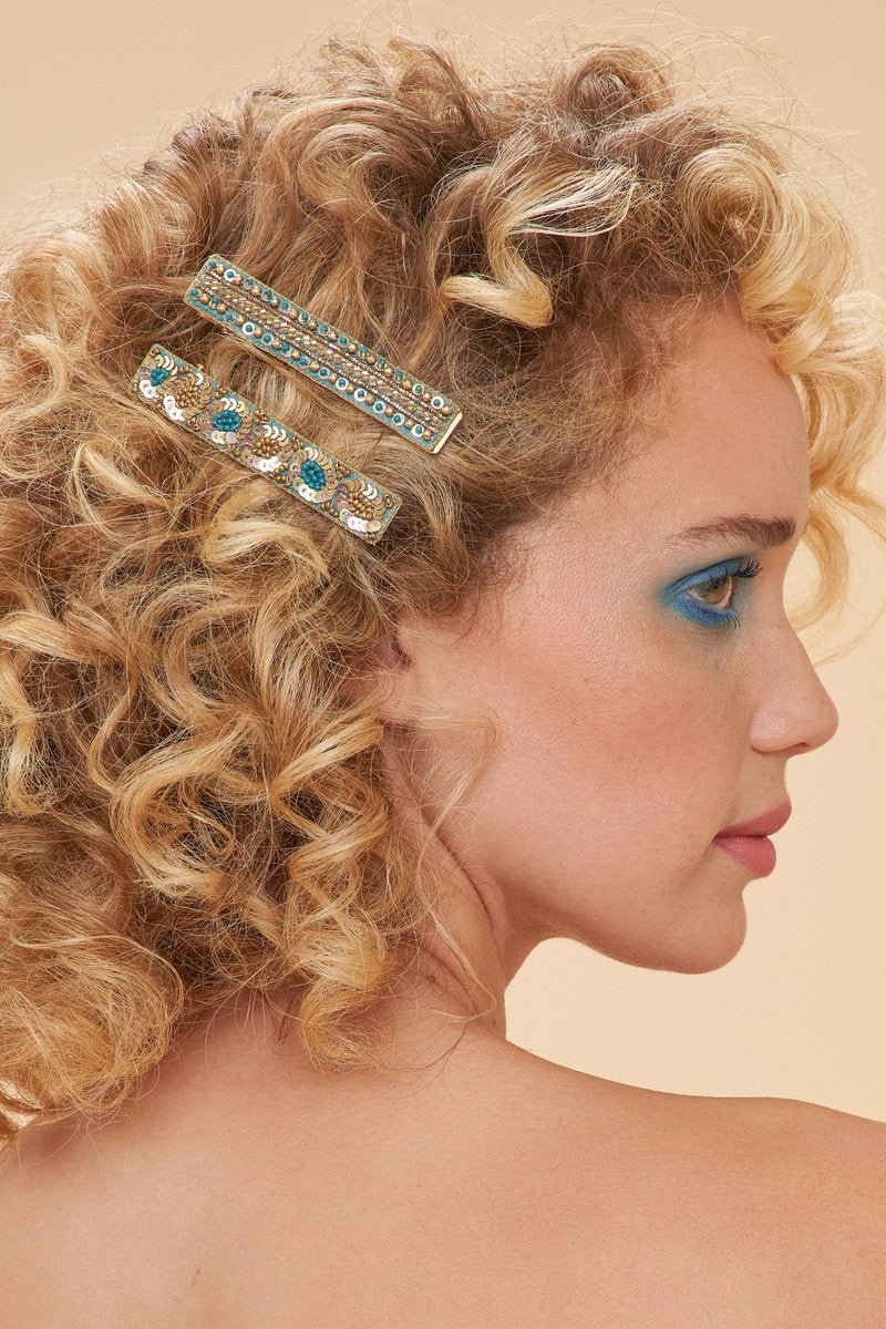 Powder Narrow Jewelled Hair Bar (Set of 2) Teal - Daisy Mae Boutique