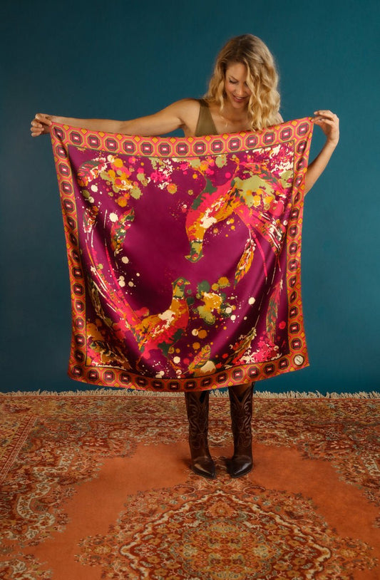 Powder Satin Print Swirling Pheasant Scarf - Daisy Mae Boutique
