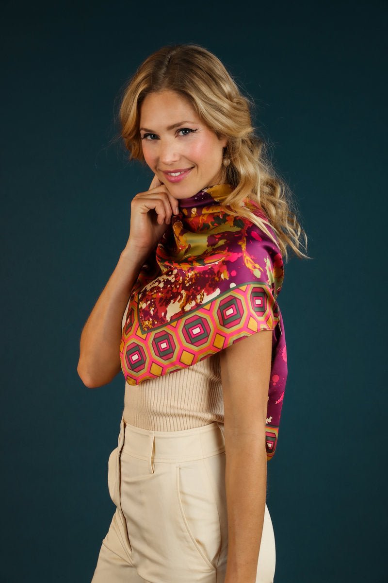 Powder Satin Print Swirling Pheasant Scarf - Daisy Mae Boutique