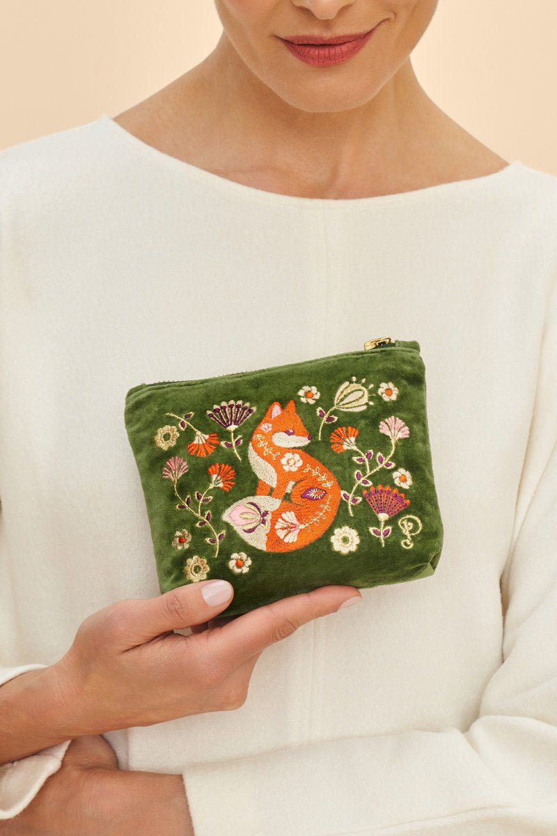 Powder Velvet Embroidered Mini Pouch - Scandinavian Fox - Daisy Mae Boutique