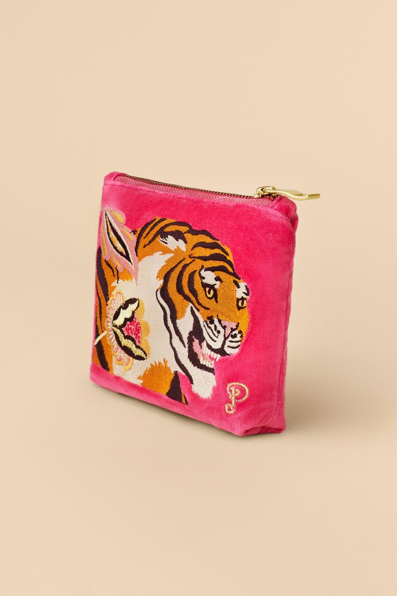Powder Velvet Embroidered Mini Pouch - Thrill Of The Tiger - Daisy Mae Boutique