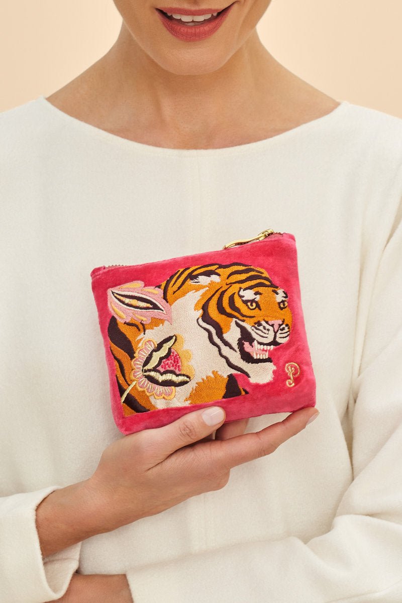 Powder Velvet Embroidered Mini Pouch - Thrill Of The Tiger - Daisy Mae Boutique