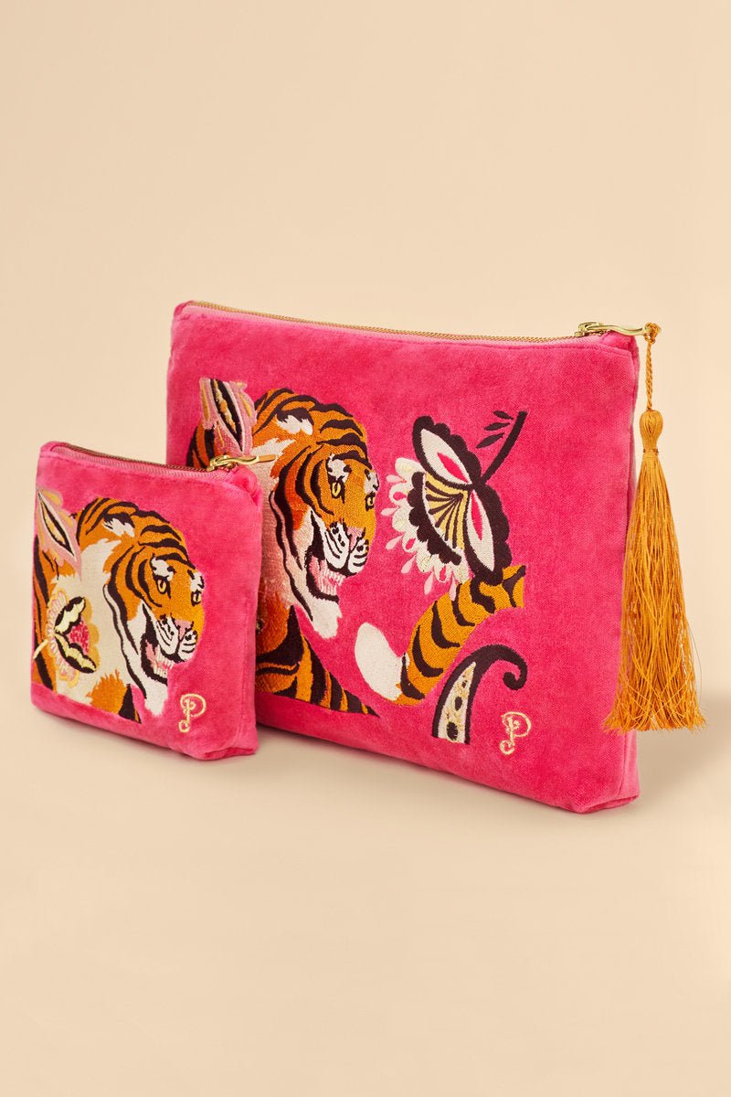 Powder Velvet Embroidered Mini Pouch - Thrill Of The Tiger - Daisy Mae Boutique