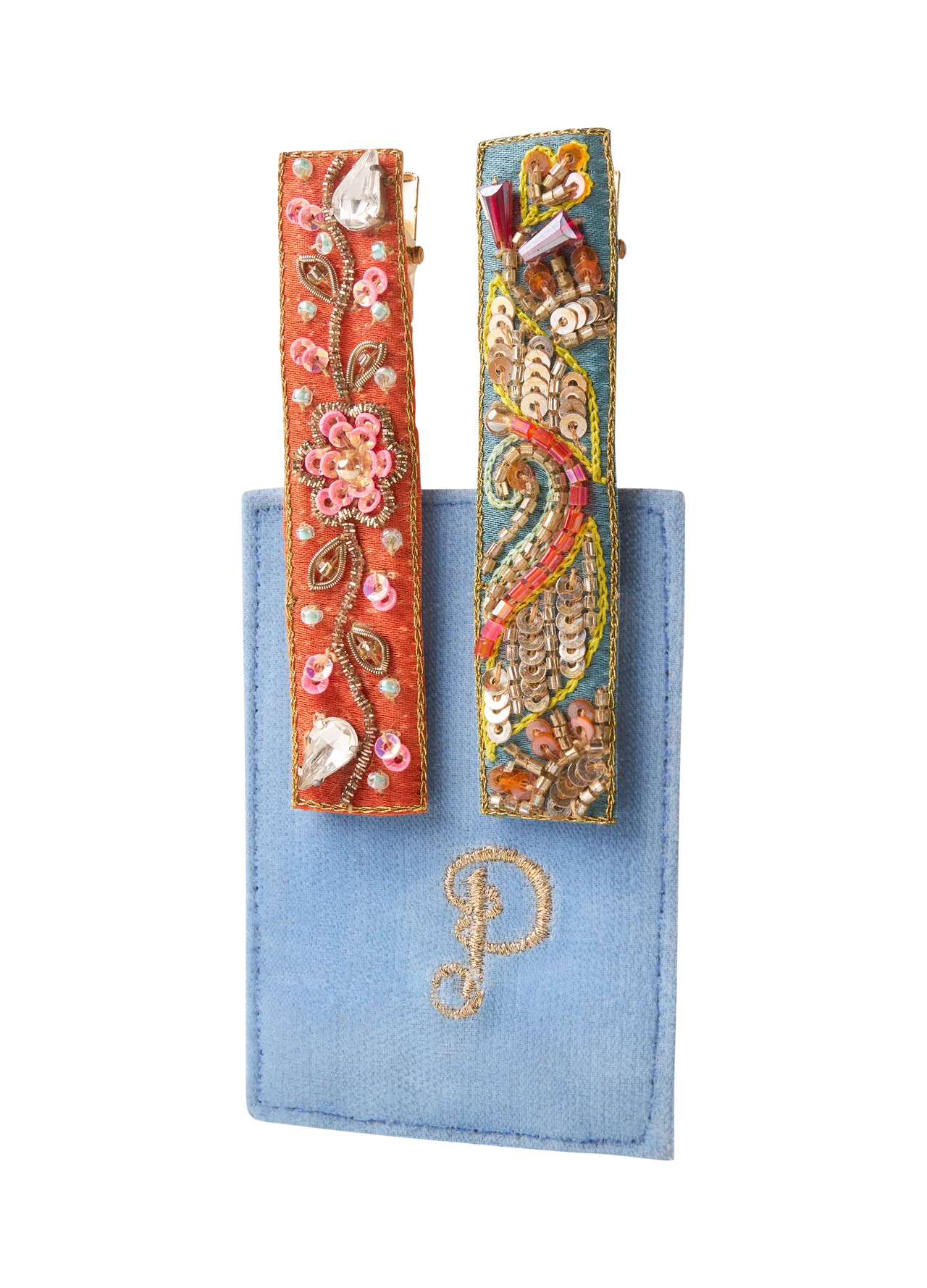 Embroidered Hair Bars -Tangerine Floral Vines/Teal Festival
