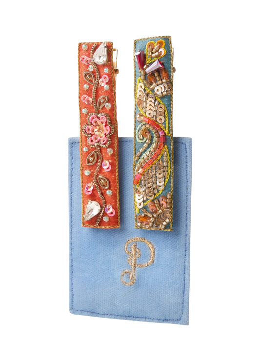Embroidered Hair Bars -Tangerine Floral Vines/Teal Festival