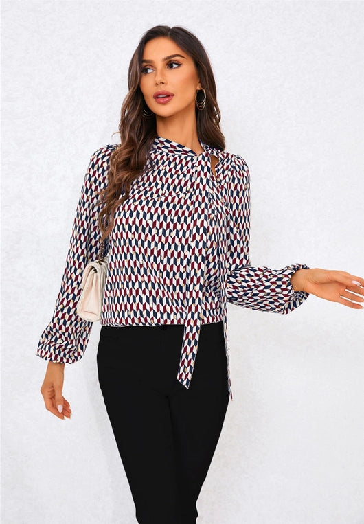 FS Collection Geo Print Side Tie Blouse in Wine