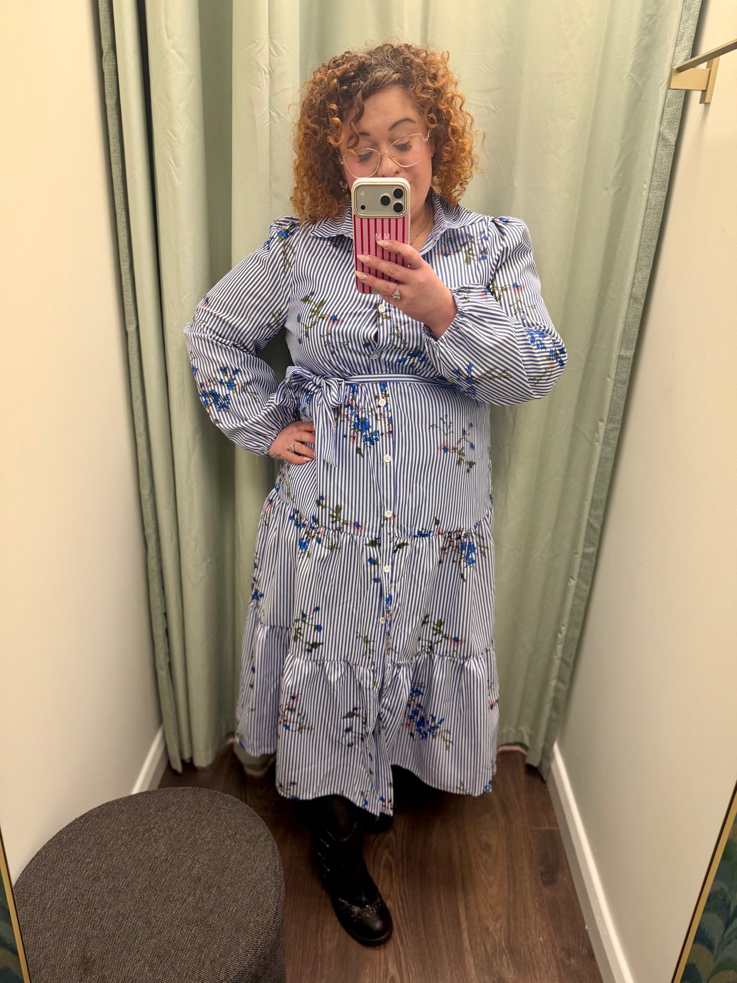 DMB Navy Striped Floral Tiered Dress