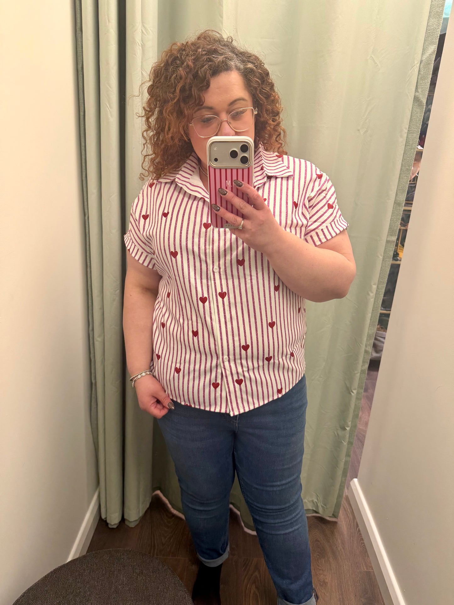 DMB Pink Heart Stripe Short Sleeved Blouse