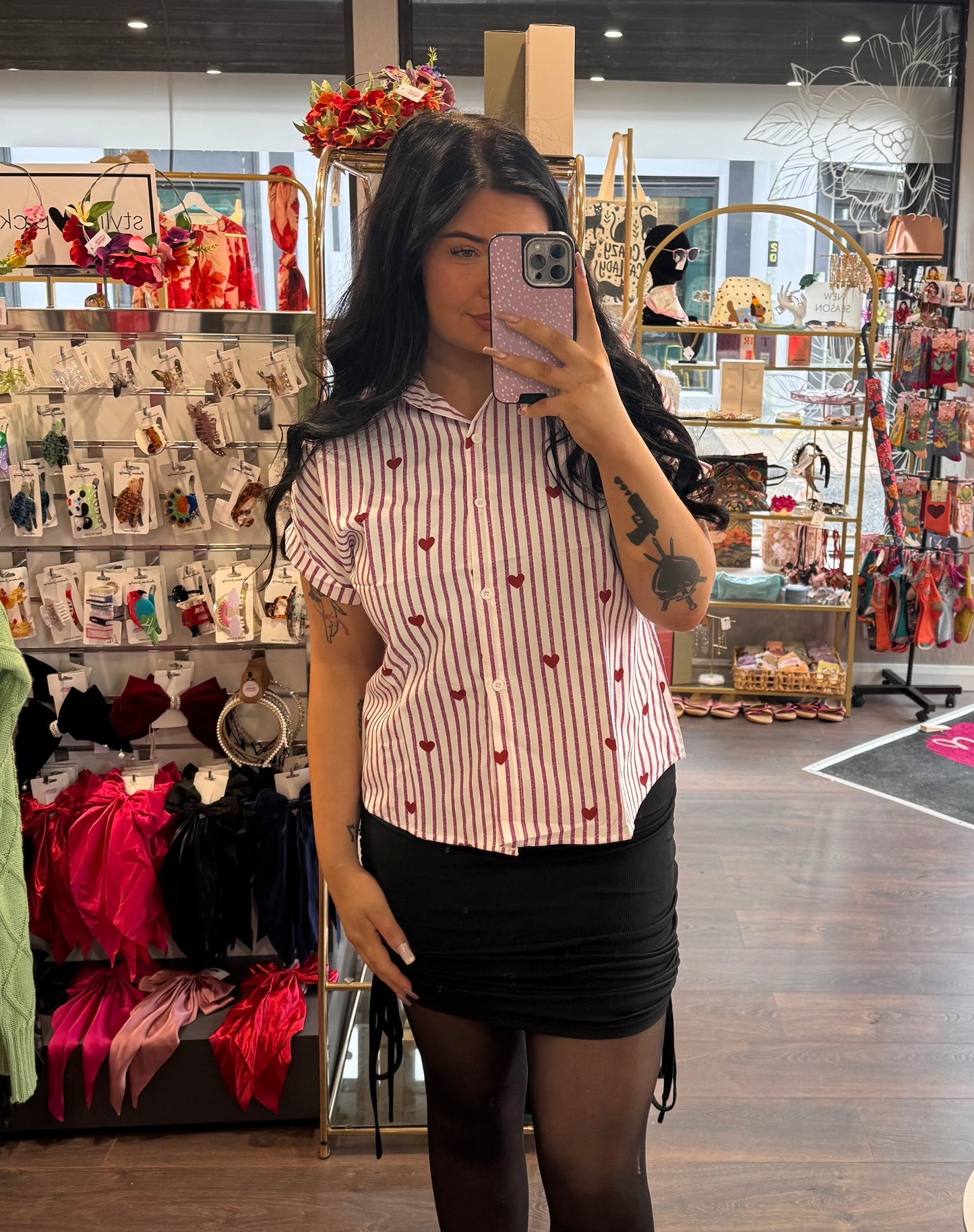 DMB Pink Heart Stripe Short Sleeved Blouse