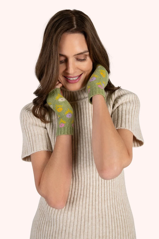 Powder Willow Ditsy Flower Wrist Warmers, Sage