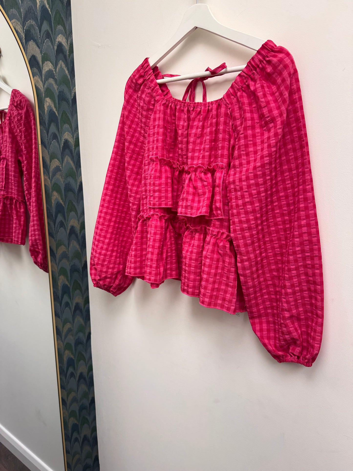 DMB Pink Gingham Tie Neck Ruffle Top