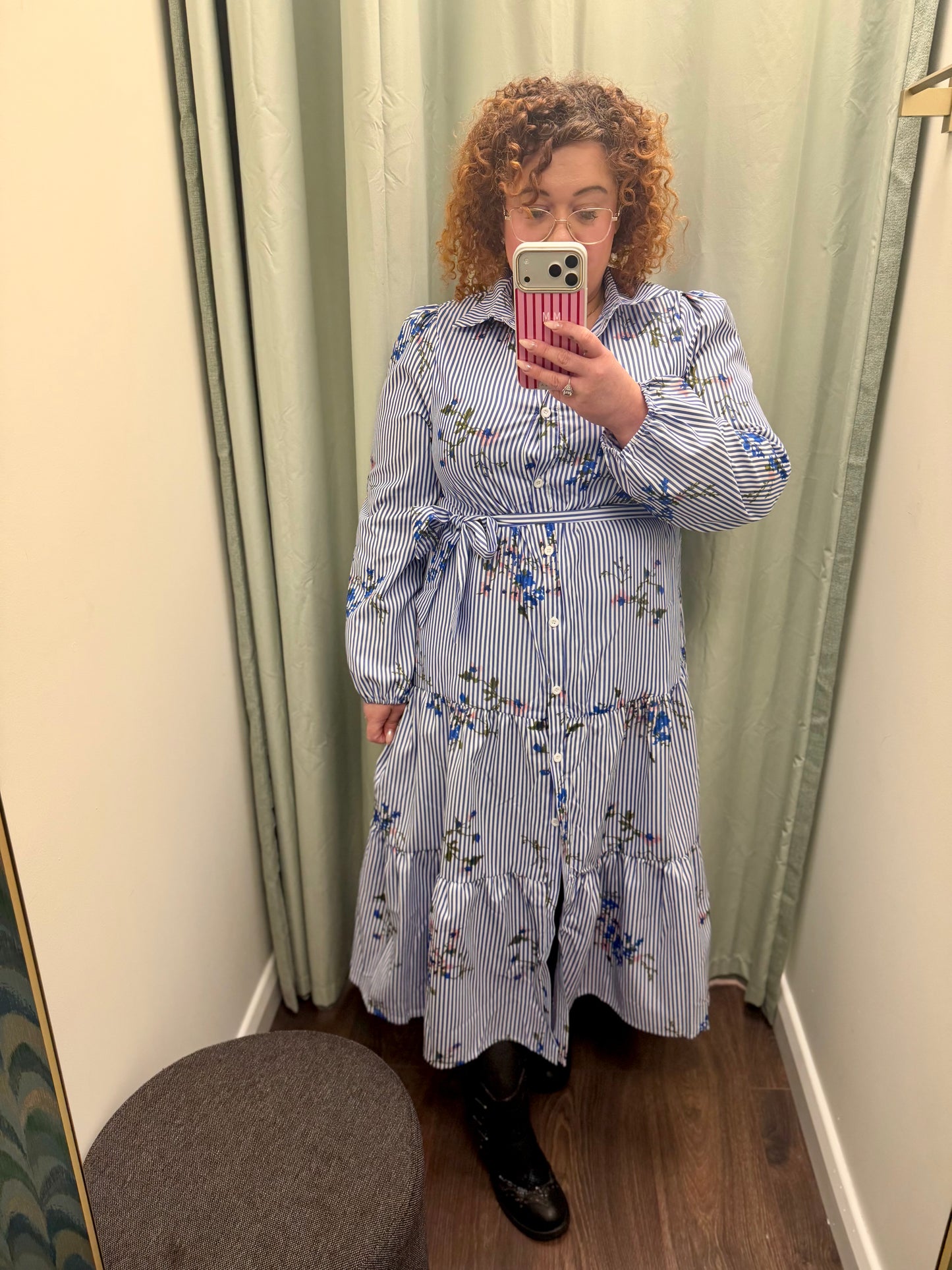 DMB Navy Striped Floral Tiered Dress