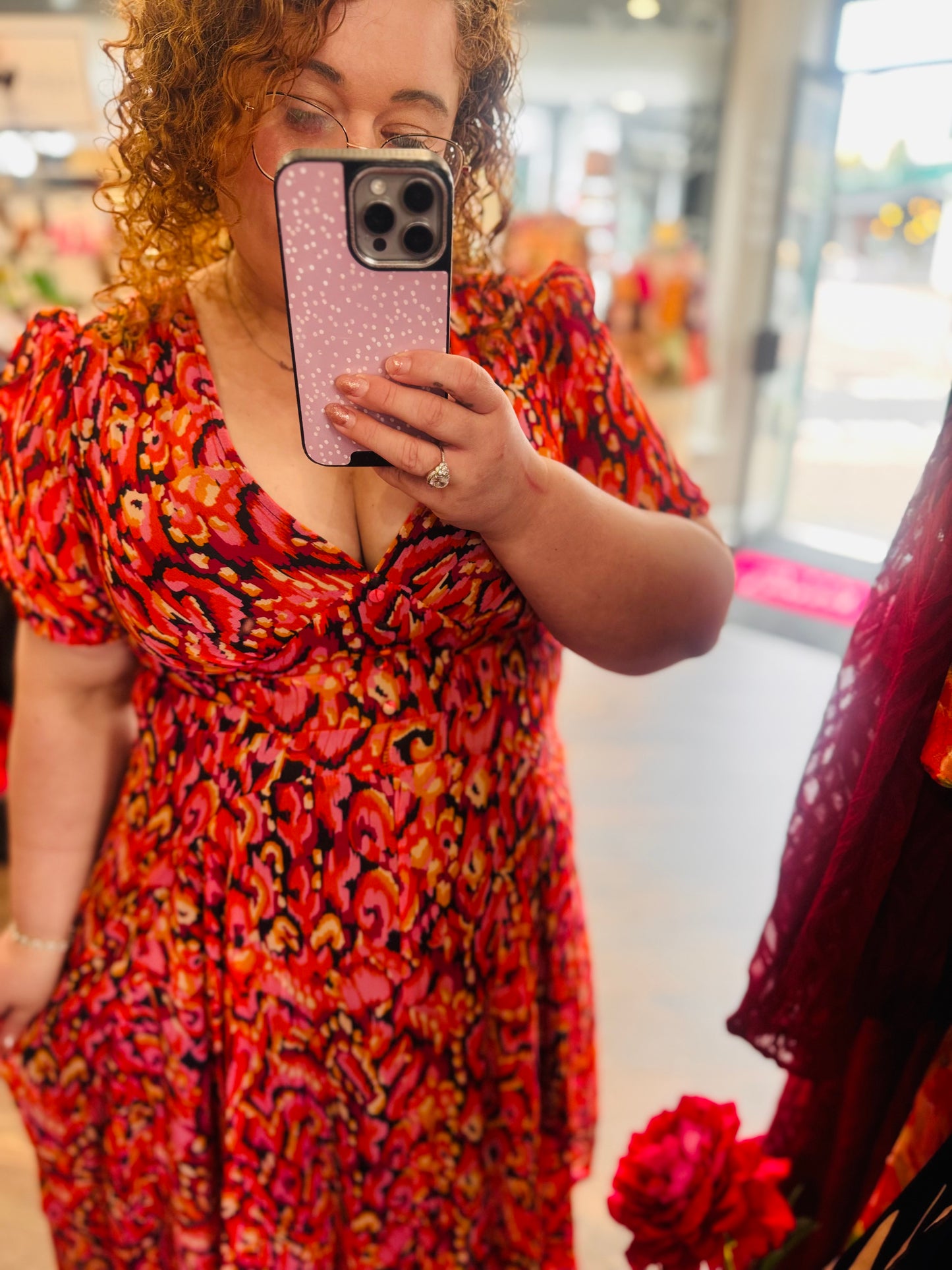 Amber Red / Orange Abstract MIDI Dress