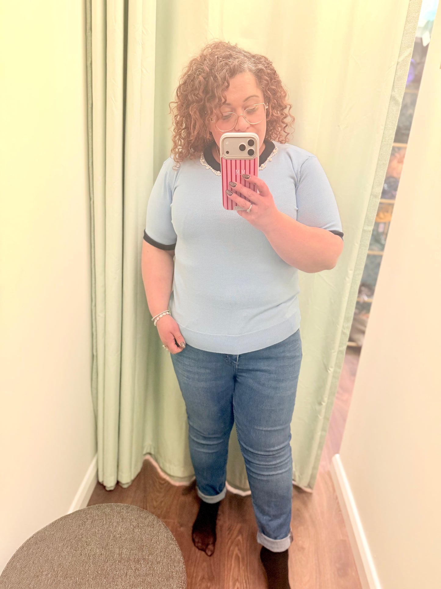 DMB Baby Blue Pearl Trim Short Sleeve Knit