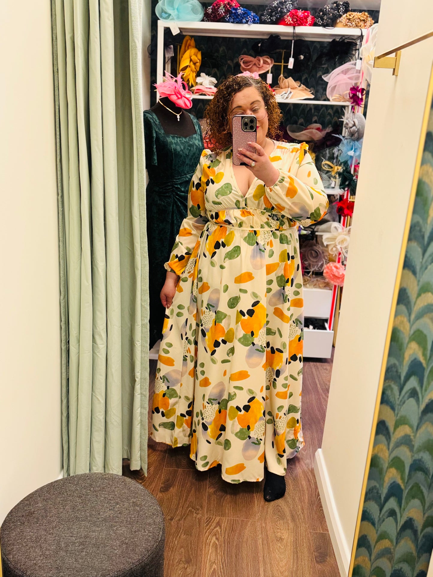 DMB Cream & Green Spot Abstract Maxi Dress