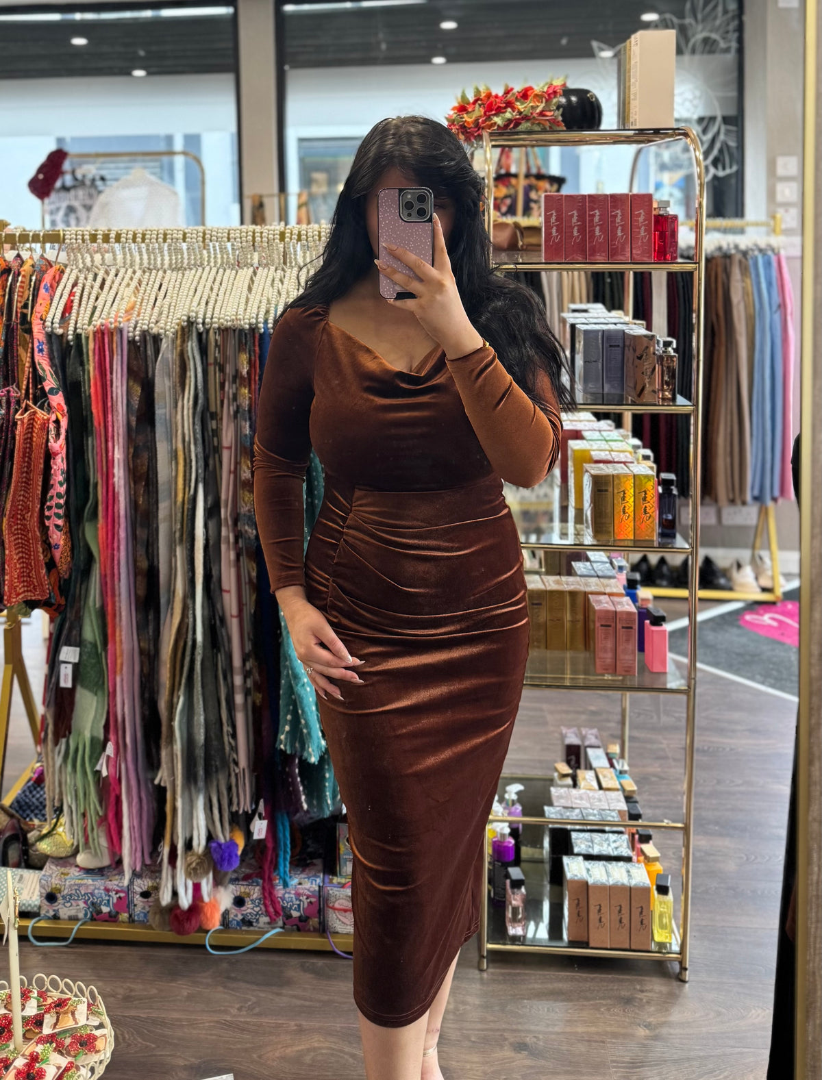 DMB Velvet Ruched Dress - Rust