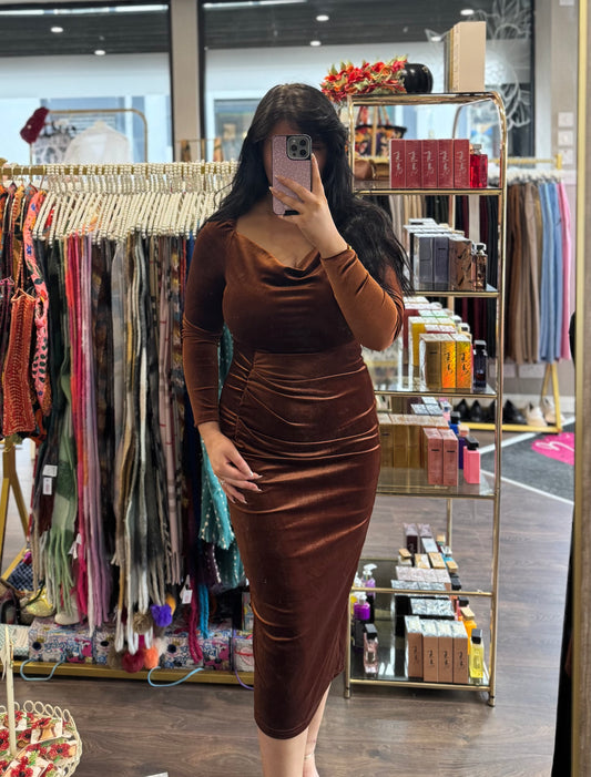 DMB Velvet Ruched Dress - Rust