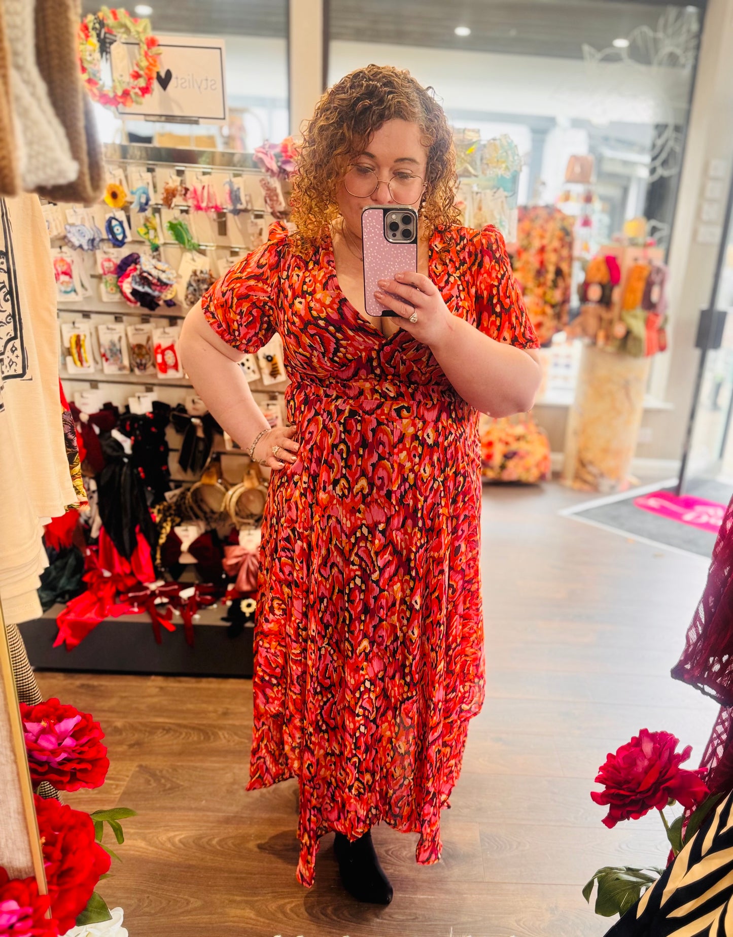 Amber Red / Orange Abstract MIDI Dress