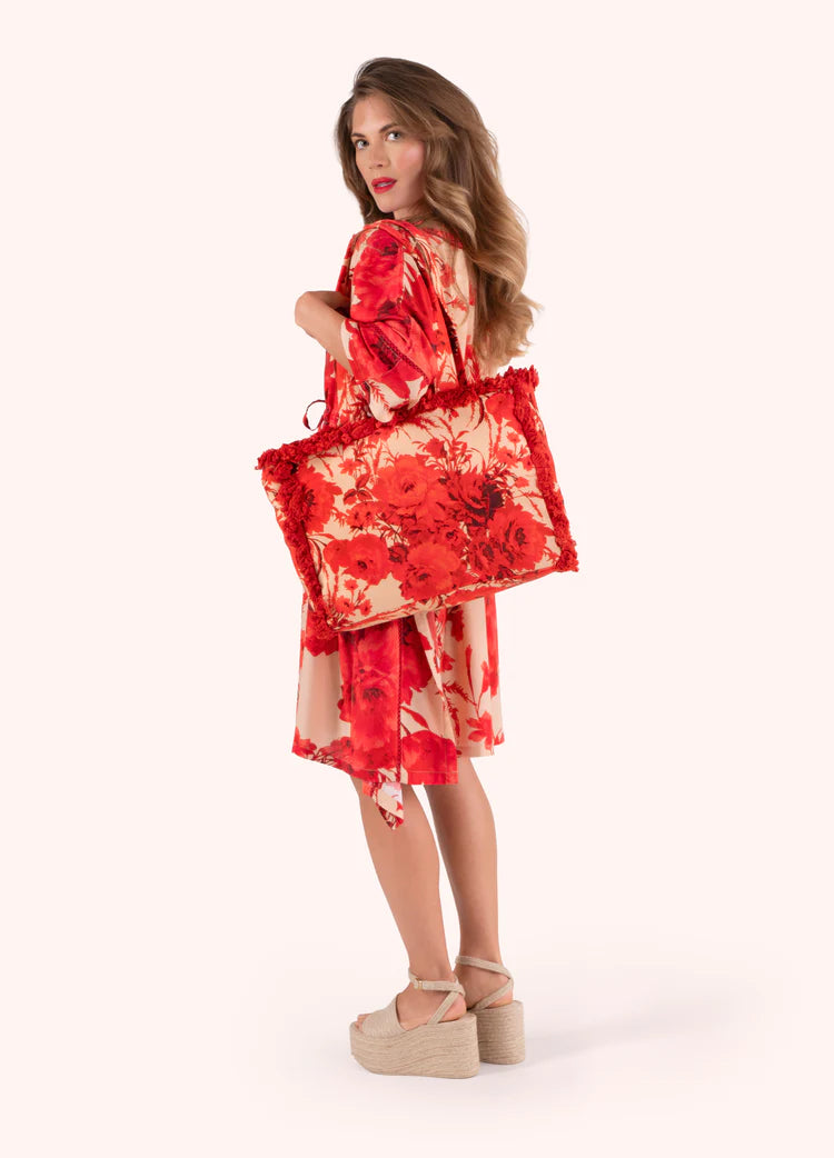 POWDER FRINGED BOX TOTE - ROUGE BLOOMS