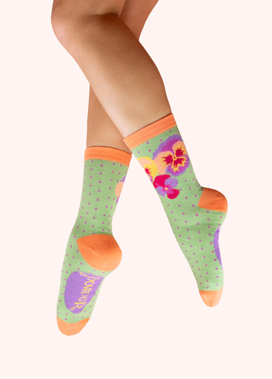 POWDER LADIES' ANKLE SOCKS - SPRING PANSIES IN MINT
