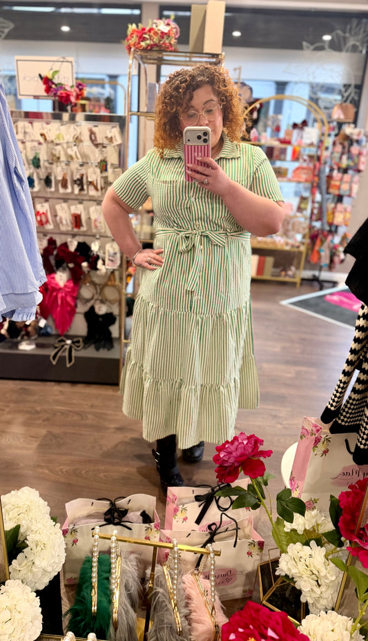 DMB Green Pinstripe Tiered Dress