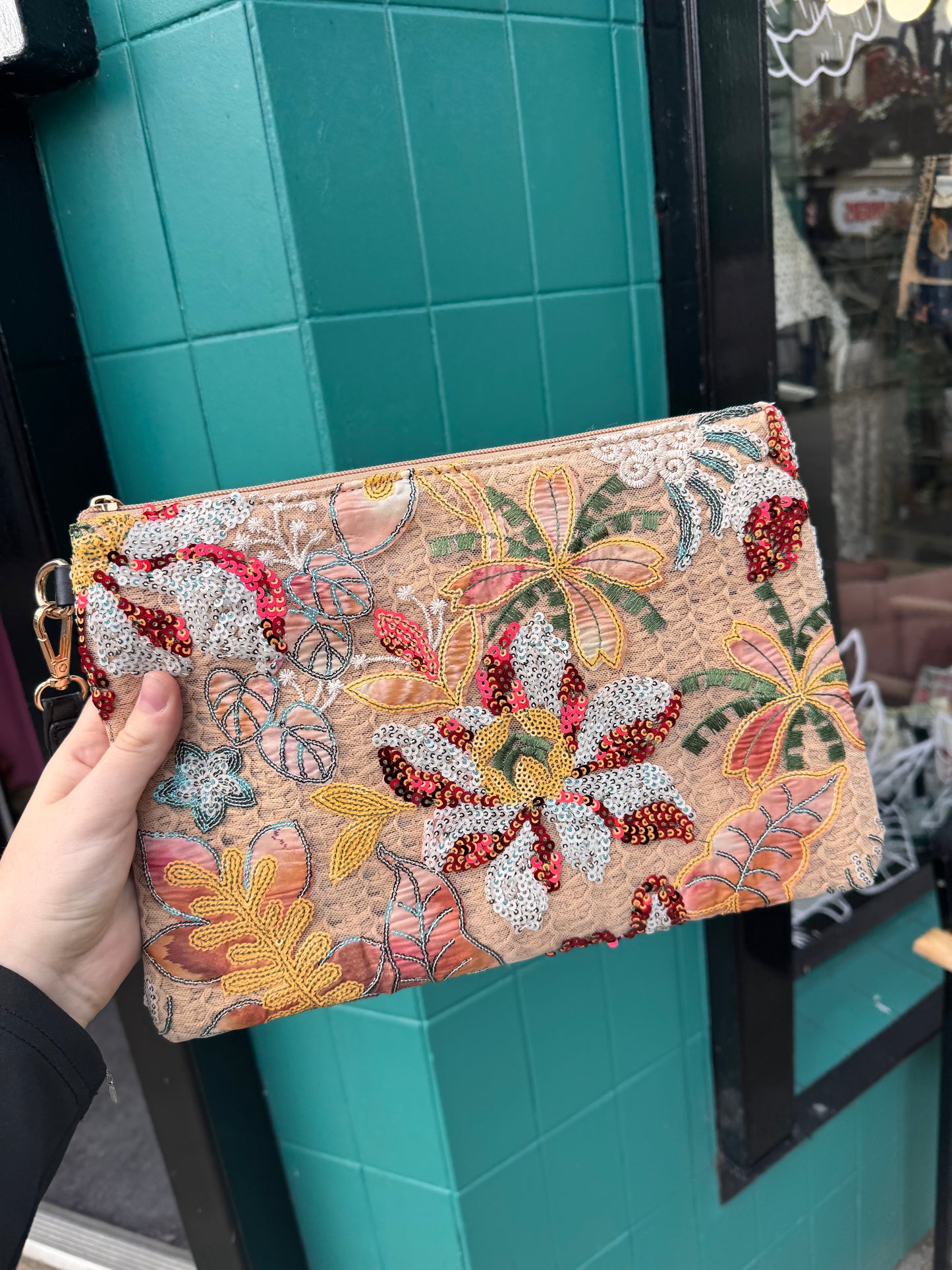 Floral Sequin Wristlet Clutch