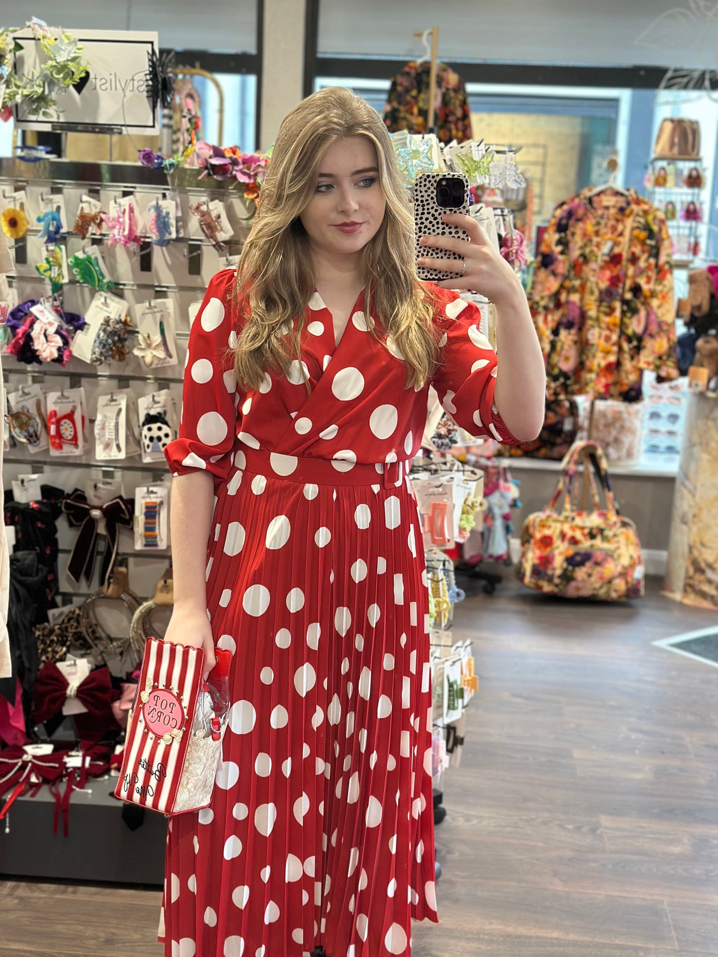 Amber Red Polka Pleated Full Skirt Midi Dress