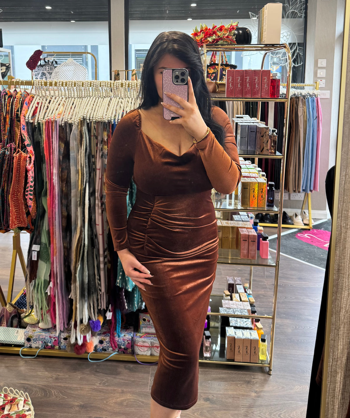 DMB Velvet Ruched Dress - Rust