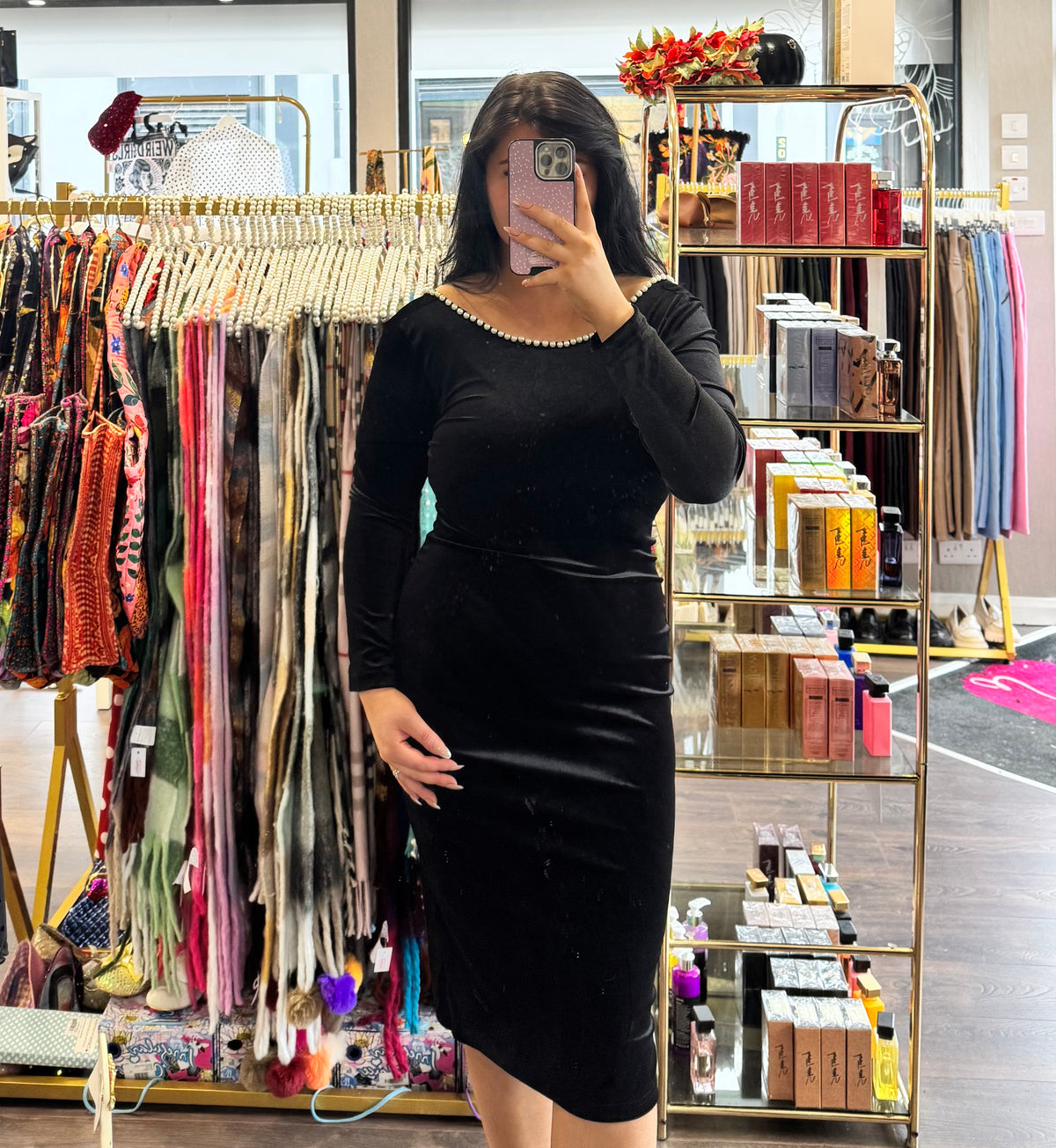 DMB Velvet Pearl & Bow Detail Dress