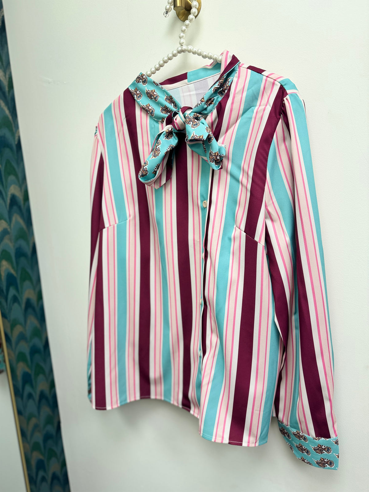 DMB Pussy Bow Blouse pink blue stripe