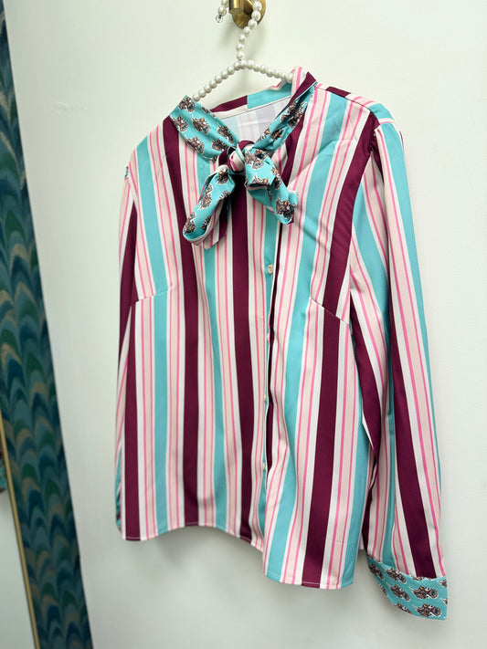 DMB Pussy Bow Blouse pink blue stripe