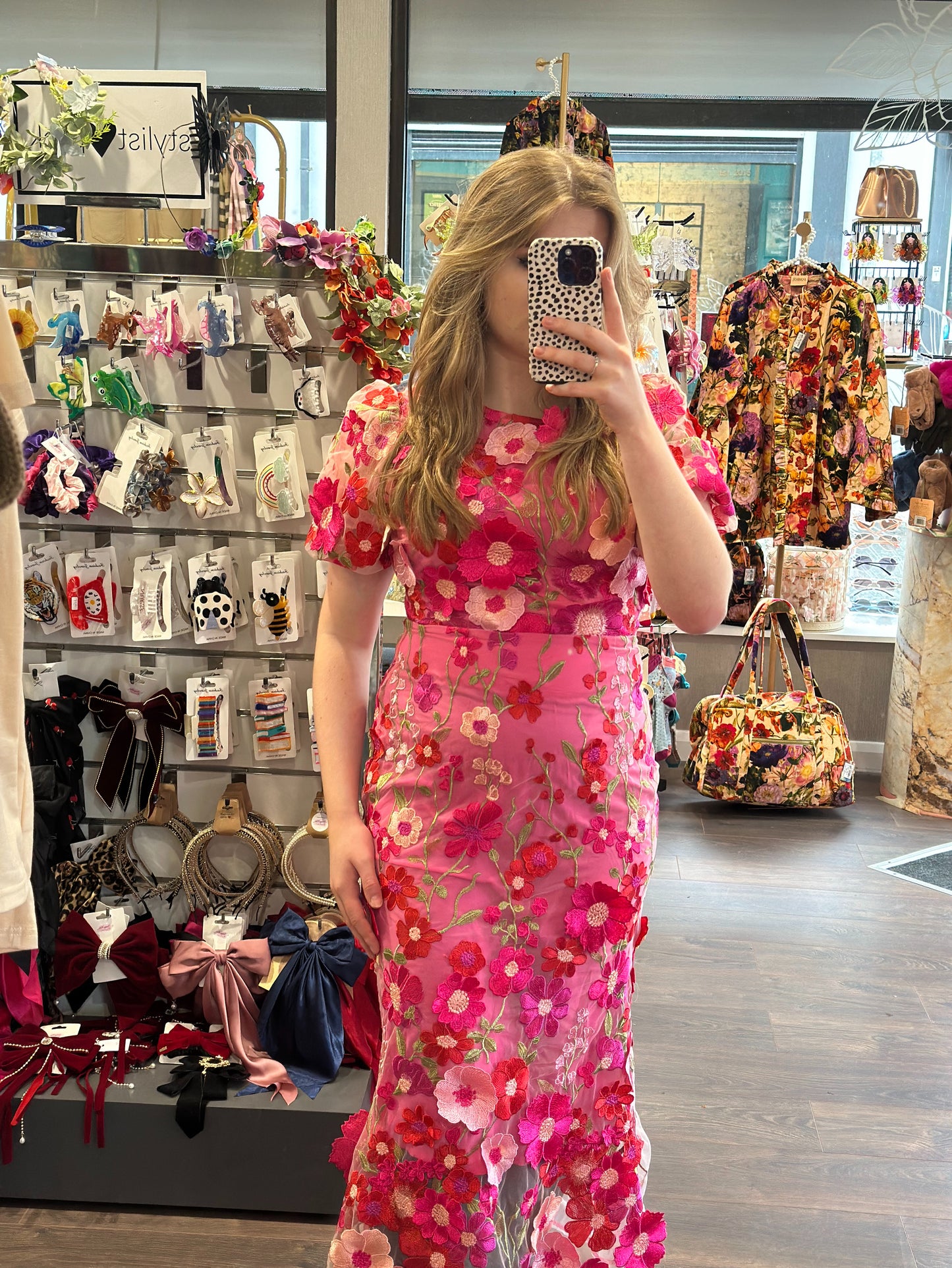 Amber Pink Fishtail Midi Embroided 3D Floral Dress