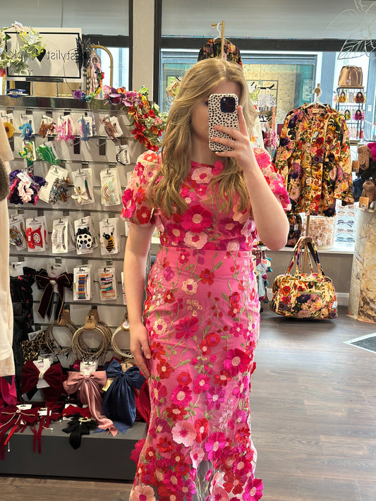 Amber Pink Fishtail Midi Embroided 3D Floral Dress