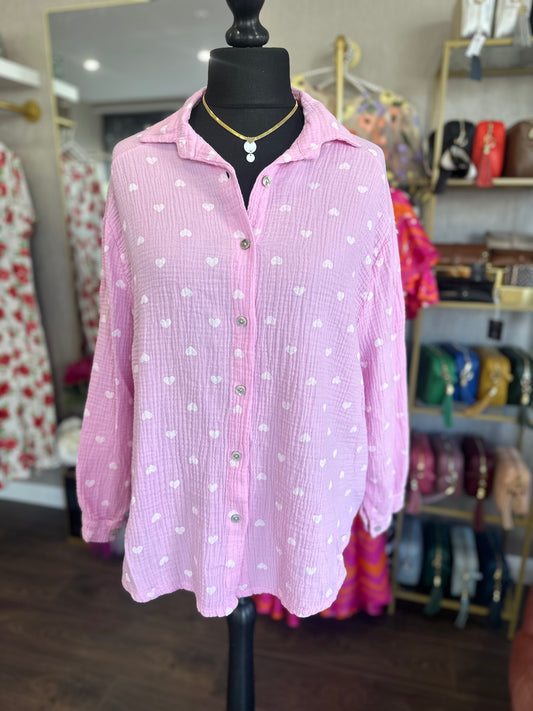 DMB Heart Print Button Down Shirt