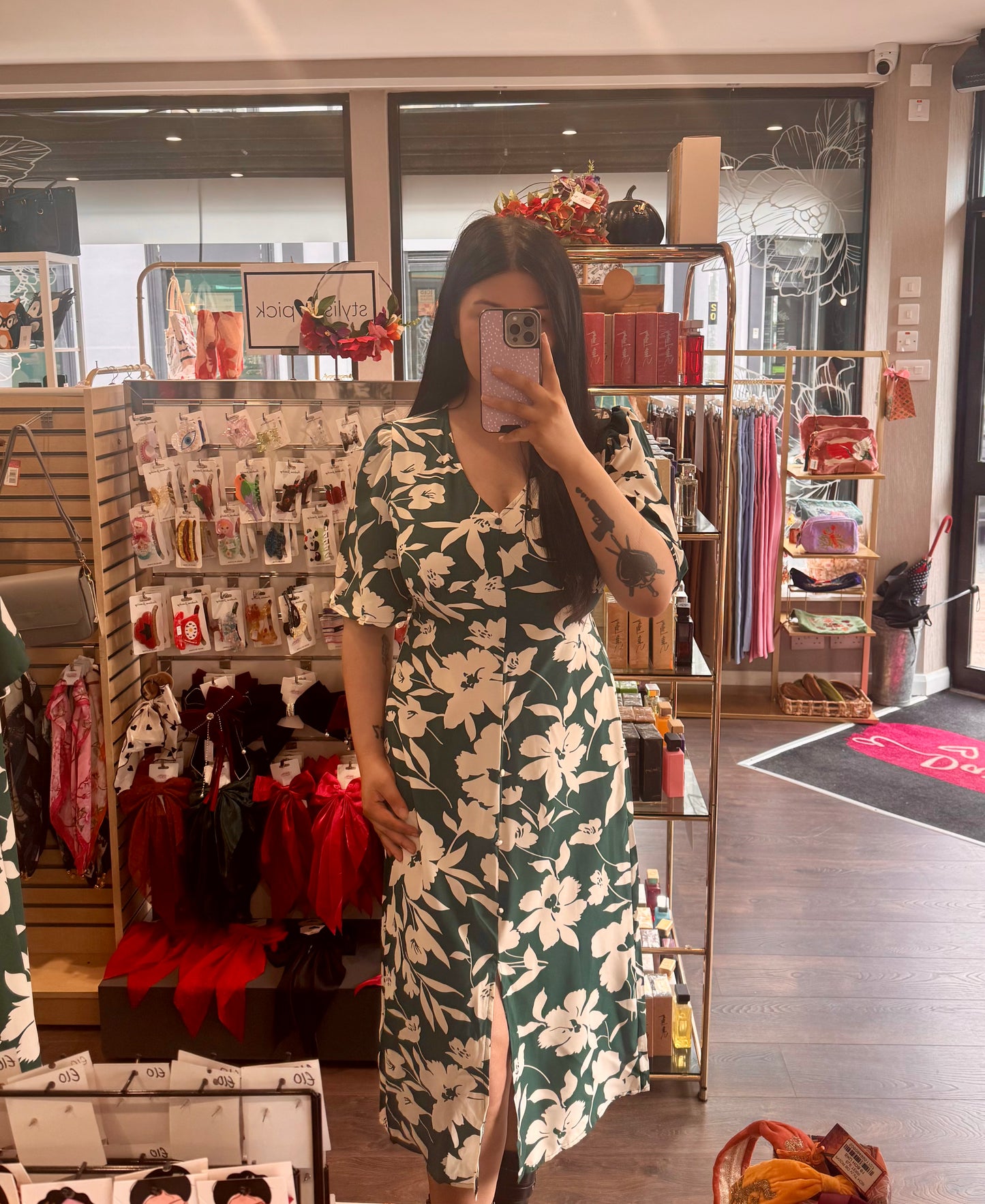 DMB Green Floral Button Detail Midi Dress
