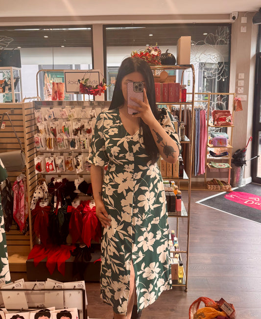 DMB Green Floral Button Detail Midi Dress