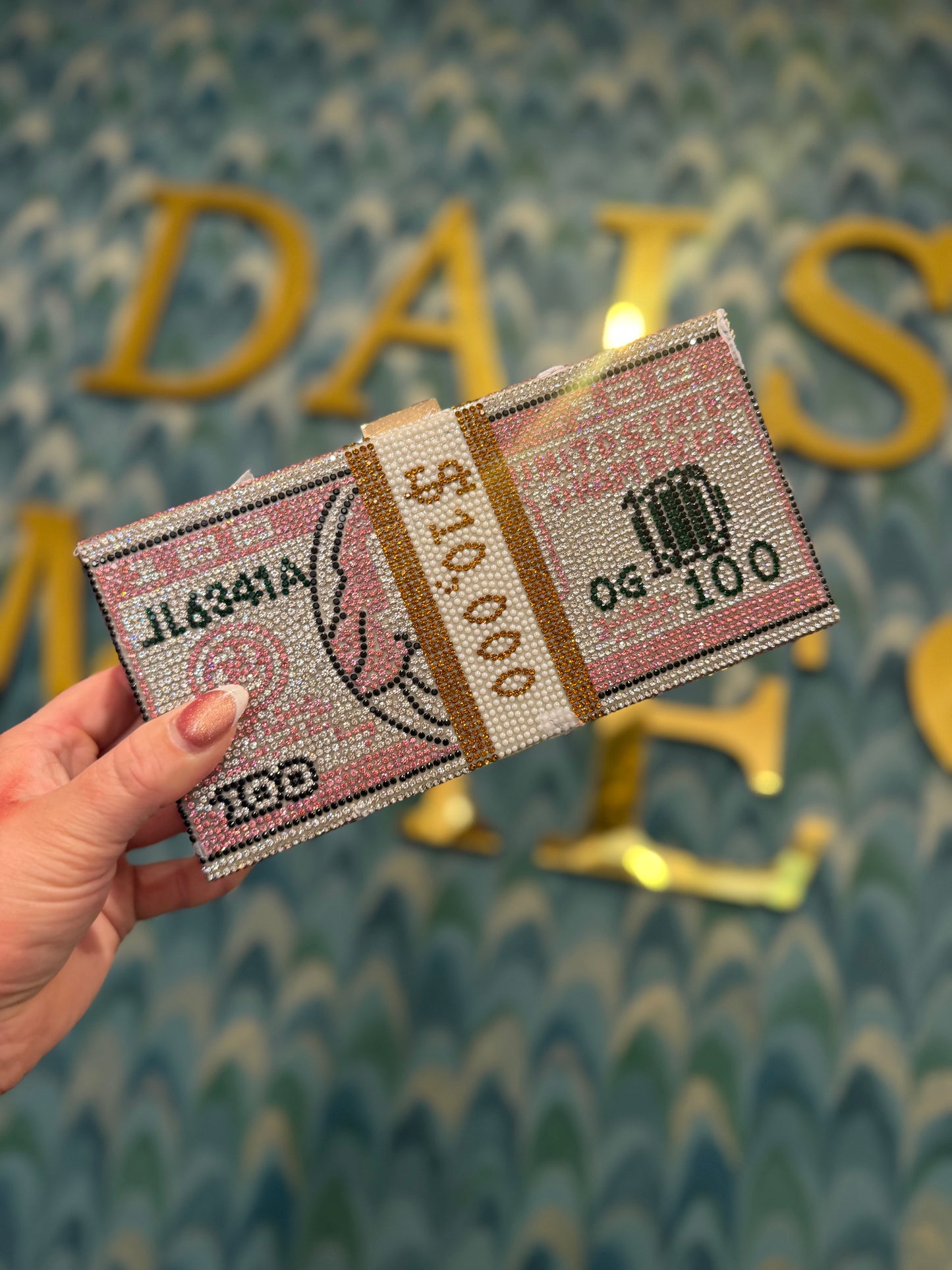 DMB Pink Sparkly Embellished Dollar Clutch Bag
